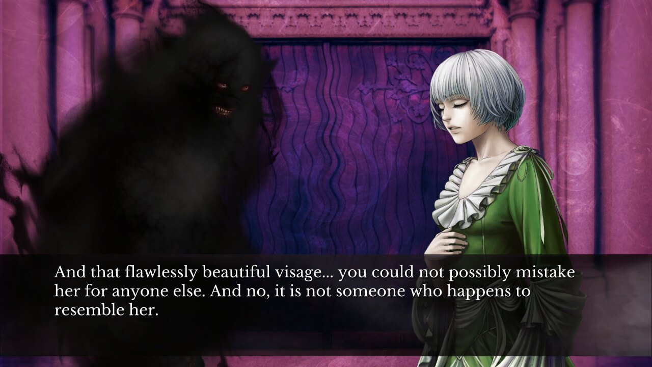 Sprite of Bestia (a dark, imposing shadow with red yes and fangs) looking at the white-haired girl (now with short hair and in a green dress) standing on the right. Narration: "And that flawlessly beautiful visage... you could not possibly mistake her for anyone else. And no, it is not someone who happens to resemble her."