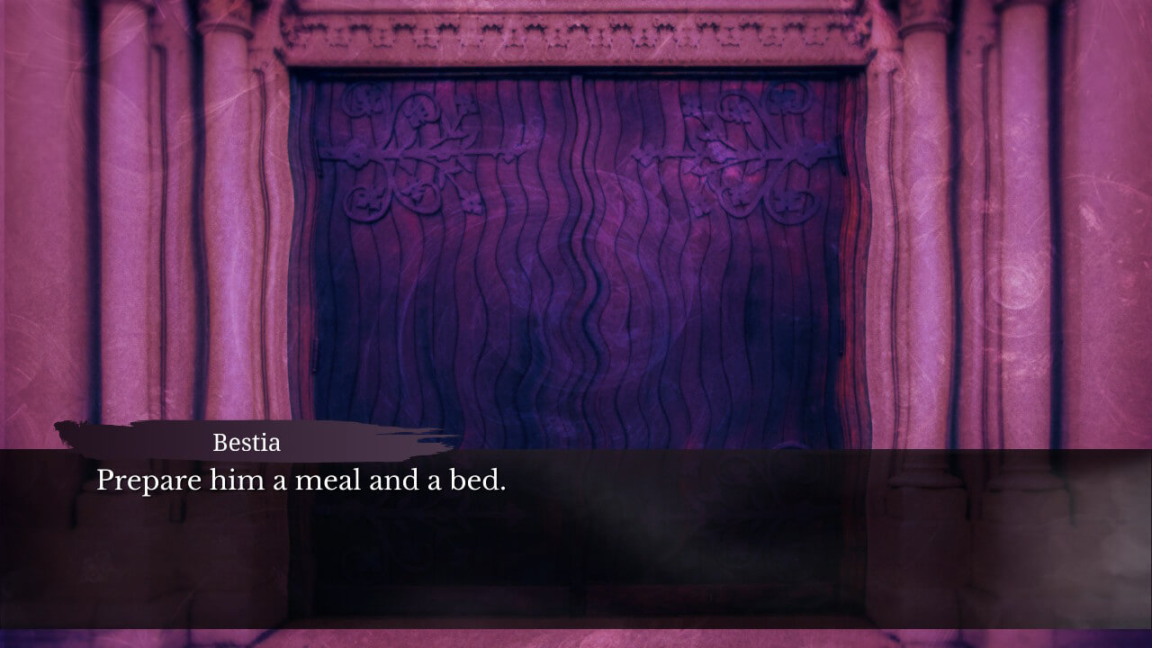 Eerie, purple-coloured background of the manor entrance. Bestia: "Prepare him a meal and a bed."