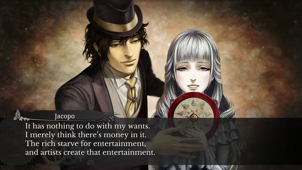 CG of the white-haired girl happily holding a phenakistiscope, with Kacopo by her side, having handed it to her. Jacopo: "It has nothing to do with my wants. I merely think there's money in it. The rich starve for entertainment, and artists create that entertainment."