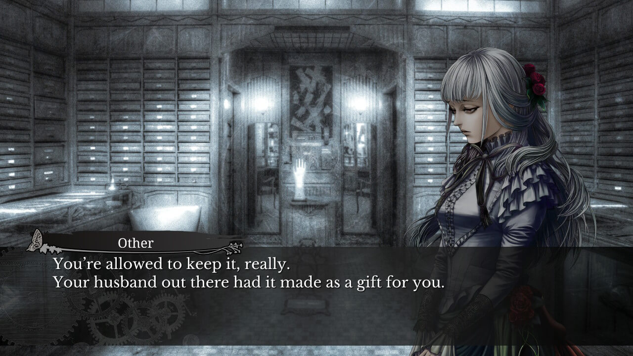 The white-haired girl, standing in a boutique. Other (the shop's owner): 