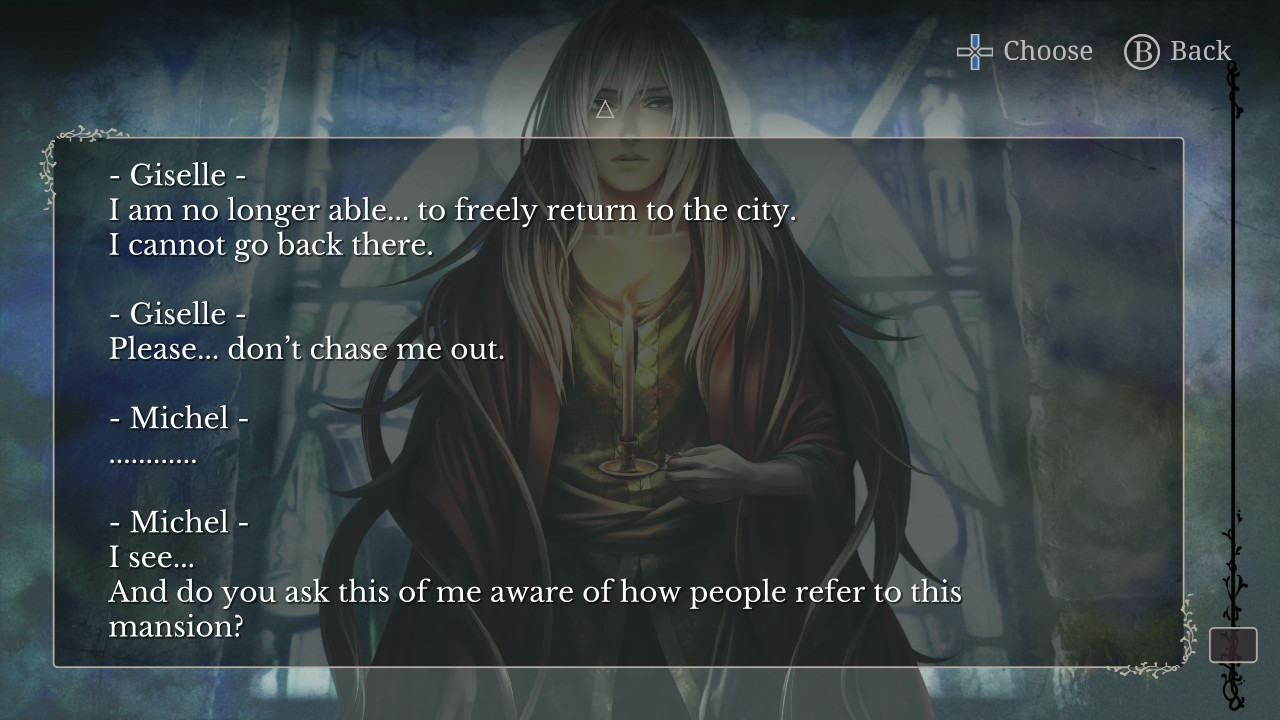 Michel, a tall man with long white hair, is standing in front of a stained-glass window depicting an angel. Giselle: "I am no longer able... to freely return to the city. I cannot go back there. Please... don't chase me out." Michel: "....... I see... And do you ask this of me aware of how people refer to this mansion?"