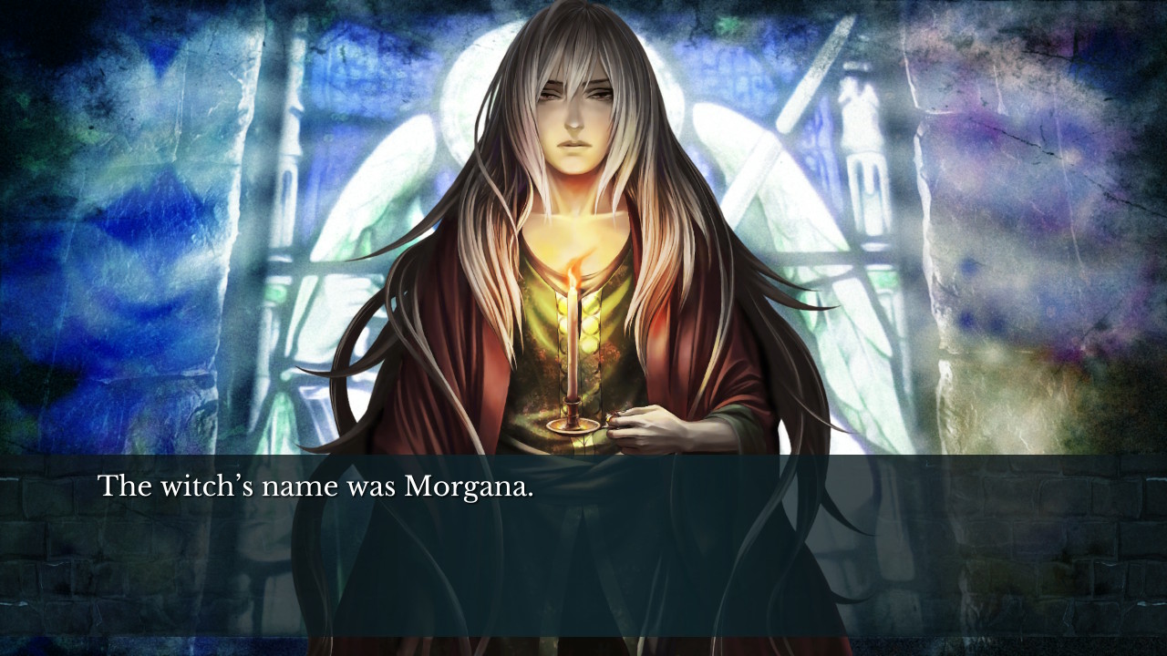 Same background as before. Narration: "The witch's name was Morgana."