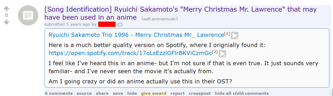 [Song Identification] Ryuichi Sakamoto's "Merry Christmas Mr. Lawrence" that may have been used in an anime. I feel like I've heard this in an anime- but I'm not sure if that is even true. It just sounds very familiar- and I've never seen the movie it's actually from. Am I going crazy or did an anime actually use this in their OST?