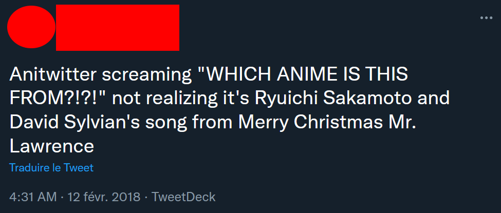 Screenshot of a tweet: Anitwitter screaming 'WHICH ANIME IS THIS FROM?!?!' not realizing it's Ryuichi Sakamoto and David Sylvian's song from Merry Christmas Mr. Lawrence