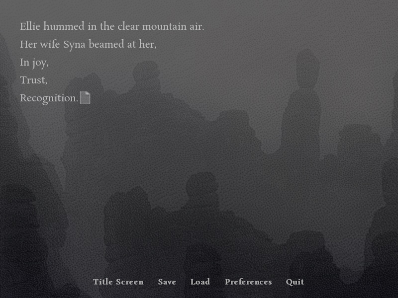 Screeenshot from the VN where rocks on the mount are seen through the fog. Text: "Ellie hummed in the clear mountain air. Her wife Syna beamed at her. In joy. Trust. Recognition."