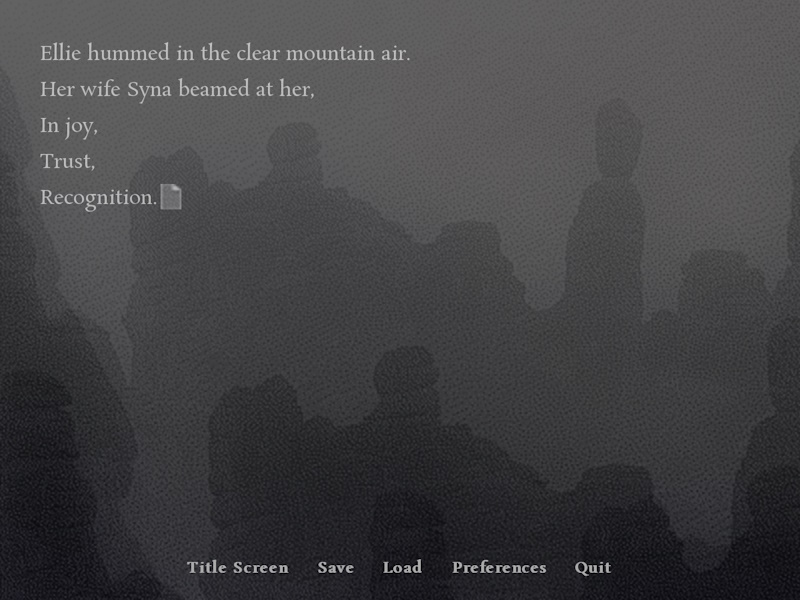 Screeenshot from the VN where rocks on the mount are seen through the fog. Text: 