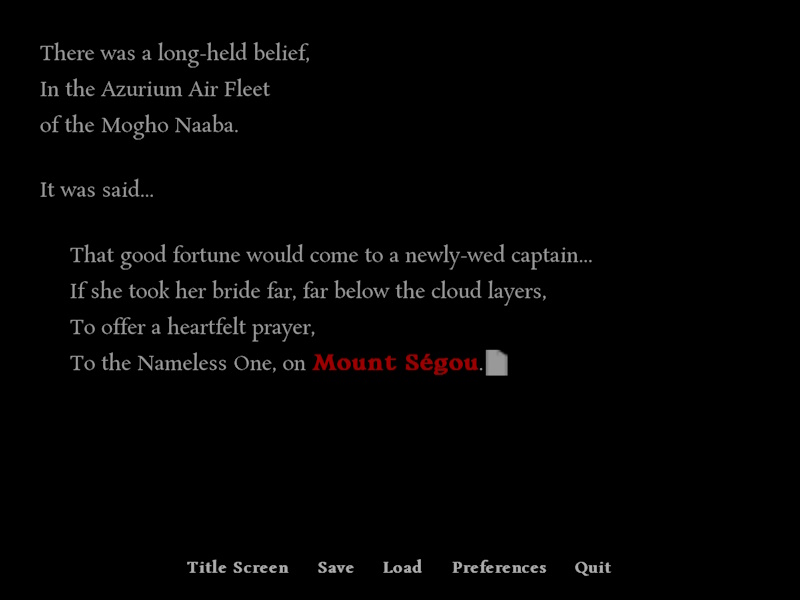 Another screenshot from the very introduction. All black background. Text: "There was a long-held belief, In the Azurium Air Fleet of the Mogho Naaba. It was said... That good fortune would come to a newly-wed captain... If she took her bride far, far below the cloud layers, To offer a heartfelt prayer, To the Nameless One, on Mount Ségou." "Mount Ségou" is written in red.
