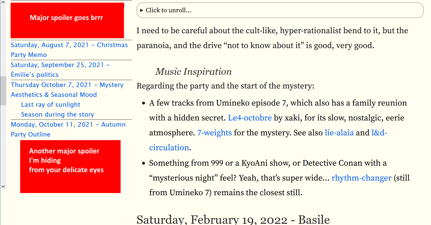 Screenshot of a webpage featuring a scrollable table of contents with chronological diary entry titles on the left, and the contents of the entry being read on the main part on the right. The entry being read has a sub-section titled "Music Inspiration" where several tracks from the episode 7 of Umineko are listed as potential inspirations (Le4-octobre, 7-weights, lie-alaia, l&d-circulation, rhythm-changer).