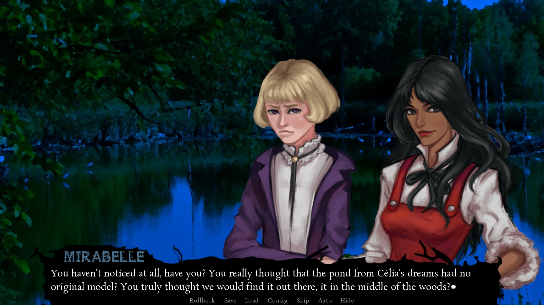 Screenshot of Sylvan Disappearance featuring Mirabelle, a black woman wearing a red dress, standing and smiling on the right, close to a younger blond boy, with an uneasy face. The background is a pond at night. In the textbox at the bottom of the screen, Mirabelle says: "You haven't noticed at all have you? You really thought that the pond from Célia's dreams had no original model? You truly thought we would find it out there, in the middle of the woods?"